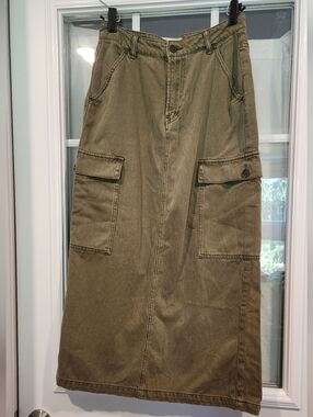 Ghanda Olive Cargo Midi Skirt with Flap Pockets Size 8